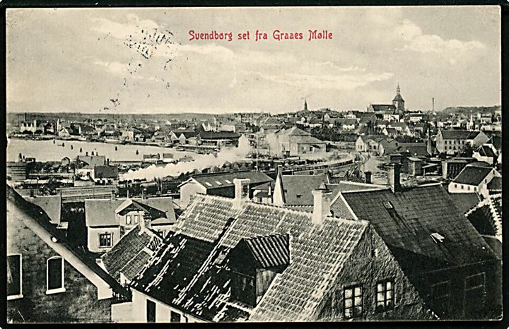 Svendborg. Set fra Graaes Mølle med banegården, samt Lokomotiv i fuld damp. W.K.F. no. 951. Med 5 øre Fr. VIII, annulleret med stjernestempel LANDET, til Guldborg, Lolland. 