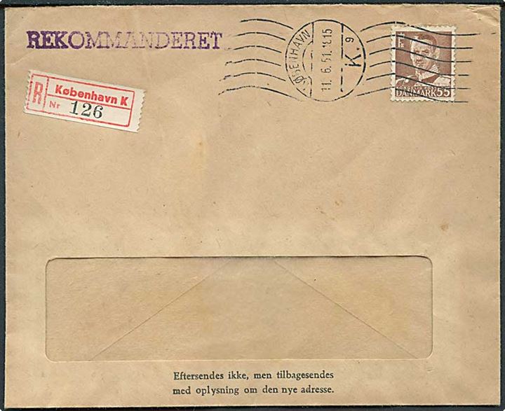 55 øre Fr. IX single på rudekuvert sendt som lokalt anbefalet brev i København d. 11.6.1951.