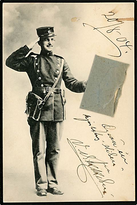 Soldat med brev. Kort-Brev. Stenders u/no. Anvendt fra Viborg d. 20.8.1904 til Aarhus. 