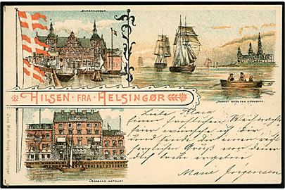 Helsingør, Hilsen fra med Banegaarden, Sundet nord for Kronborg og Jernbane-Hotellet. J. Møller u/no.