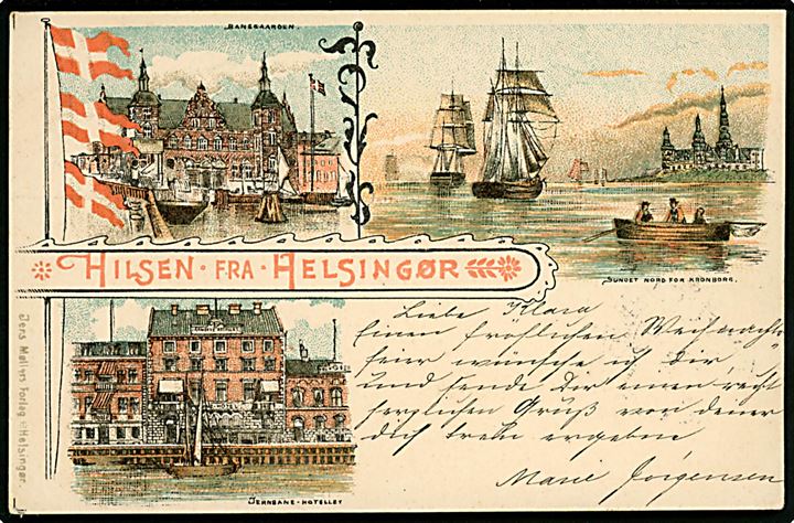 Helsingør, Hilsen fra med Banegaarden, Sundet nord for Kronborg og Jernbane-Hotellet. J. Møller u/no.