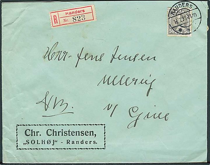 50 øre Chr. X single på anbefalet brev fra Randers d. 18.1.1938 til Give.