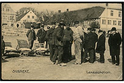 Svaneke, Laxeauktion. F. Sørensen no. 214. Frankeret med 10 øre Fr. VIII (slidt) fra Rønne d. 3.4.1911 til styrmand ombord på 3-mastet skonnert Karen c/o danske konsulat i Rio Grande do Sul, Brasilien - eftersendt.