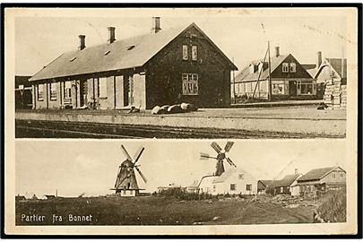 Bonnet, partier med jernbanestation og udsigt med mølle. Stenders no. 47526. Afrevet frimærke.