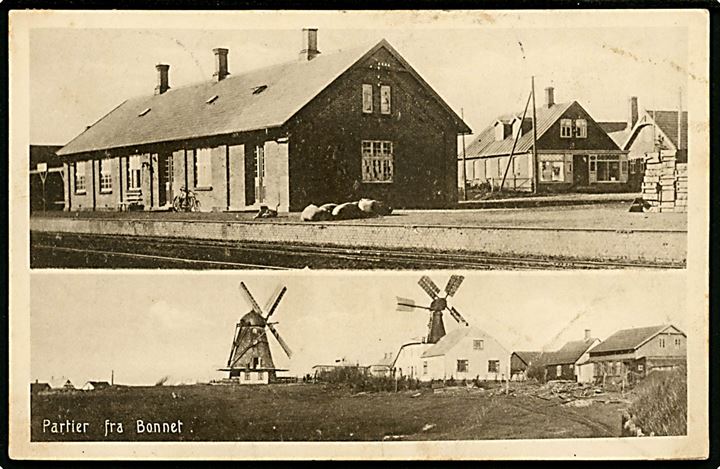 Bonnet, partier med jernbanestation og udsigt med mølle. Stenders no. 47526. Afrevet frimærke.