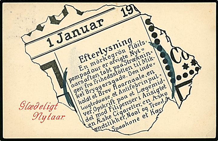 Efterlysning 1.1.1907. Nytårskort. Stenders u/no. Lille hj.knæk.