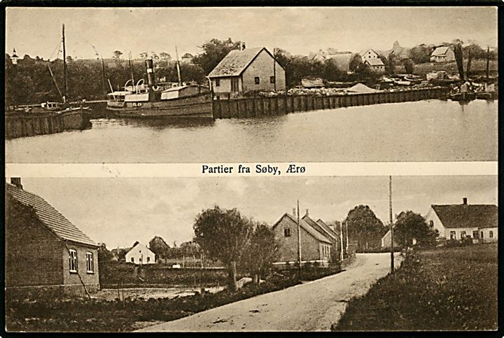 Søby Ærø med dampfærgen S/S Ellen. H. Schmidt u/no. Frankeret med 15 øre Chr. X 60 år annulleret med udslebet stjernestempel SØBY og sidestemplet Ærøskjøbing d. 16.7.1931 til Bruxelles, Belgien.