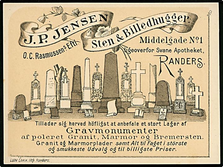 Randers, J. P. Jensen Sten & Billedhugger, Middelgade 1. Reklame kartonkort, L. Loria u/no.