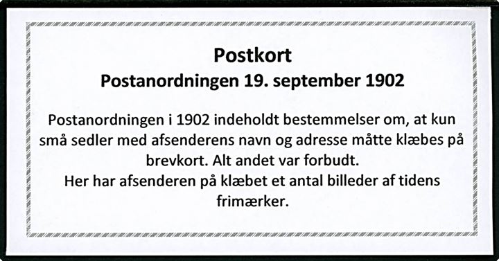 Frimærkeillustrationer påsat helsagsbrevkort frankeret med 5 øre Våben fra Roskilde d. 17.4.1905 til København. Udtakseret i 10 øre i porto da det ikke var tilladt at påklæbe billeder på brevkort.