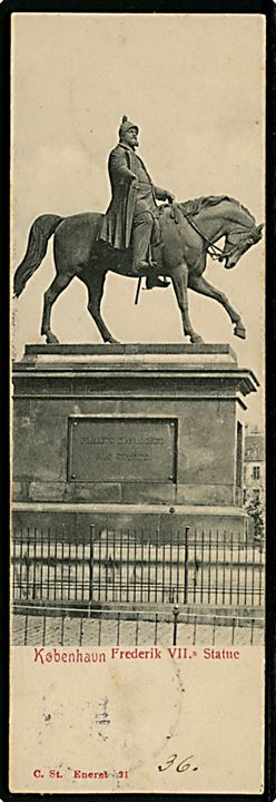 Købh., Frederik VII statue. ½-tryksagskort, Stenders no. 21. Sendt lokalt med 1 øre Våben i 3-stribe stemplet Kjøbenhavn d. 26.8.1905.