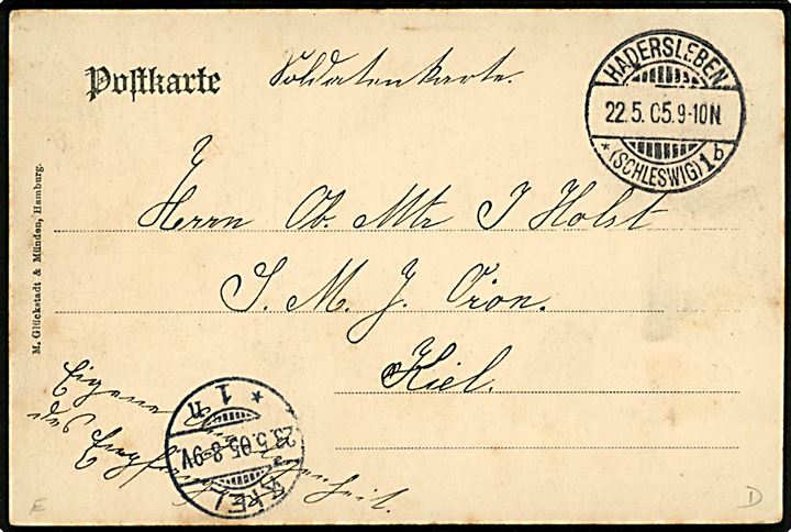 Foldingbro, grænsen med dansk og tysk grænsevagt. M. Glückstadt & Münden no. 18275. Sendt ufrankeret fra Haderslebven d. 22.5.1905 til sønderjysk sømand ombord på orlogsskibet SMS Orion i Kiel. 