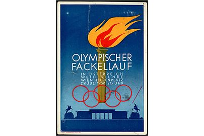 Olympischer Fackellauf fra Wien d. 29.7.1936. På bagsiden flere særstempler. Noget slidt med fold. 