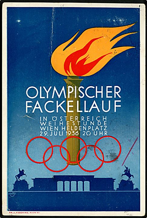 Olympischer Fackellauf fra Wien d. 29.7.1936. På bagsiden flere særstempler. Noget slidt med fold. 