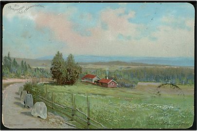 Fra Opkjörselen til Holmenkollen. Tegnet kort med ulæselig signatur. Anvendt i Kristiania 1902. Chr.A. Lith. Aktiebolag.