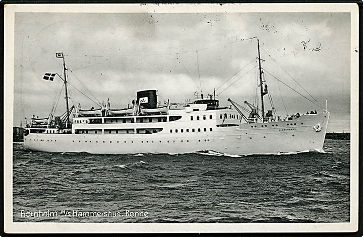 Hammershus, M/S, Stenders no. 125. Dateret i Rønne og annulleret med 10 øre Bølgelinie annulleret med svensk stempel i Malmö d. 13.7.1938 og sidestemplet Från Danmark til Stockholm, Sverige.