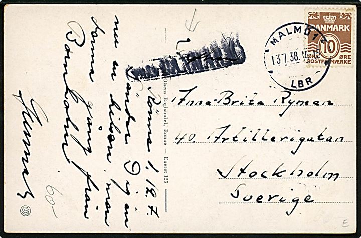 Hammershus, M/S, Stenders no. 125. Dateret i Rønne og annulleret med 10 øre Bølgelinie annulleret med svensk stempel i Malmö d. 13.7.1938 og sidestemplet Från Danmark til Stockholm, Sverige.