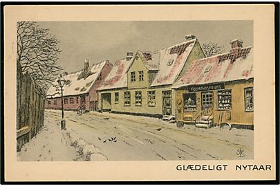 Neksø (?), gadeparti i sne. Tegnet nytårskort med ukendt signatur. Anvendt i Neksø 1942. Stenders serie 109.