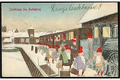 Rudkøbing jernbanestation, Nisser i bybilledet med tog fra Langelandsbanen. Tegnet af Axel Wiingaard. C. Jenssen-Tusch u/no.