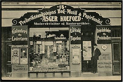 Købh., Frederikssundsvejens Bog- Musik- og Papirhandel ved Asger Koefoed. Bl.a. salg af postkort. Reklamekort u/no.