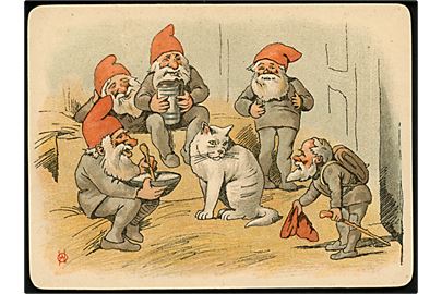 Oluf August Hermansen: Nisser og kat. Kartonkort dateret Julen 1890.