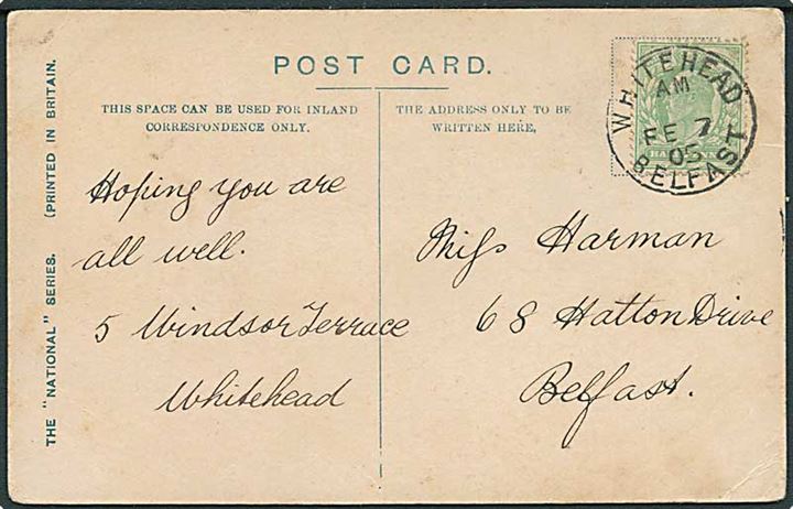 ½d Edward VII på brevkort annulleret Whitehead Belfast d. 7.2.1905 til Belfast.