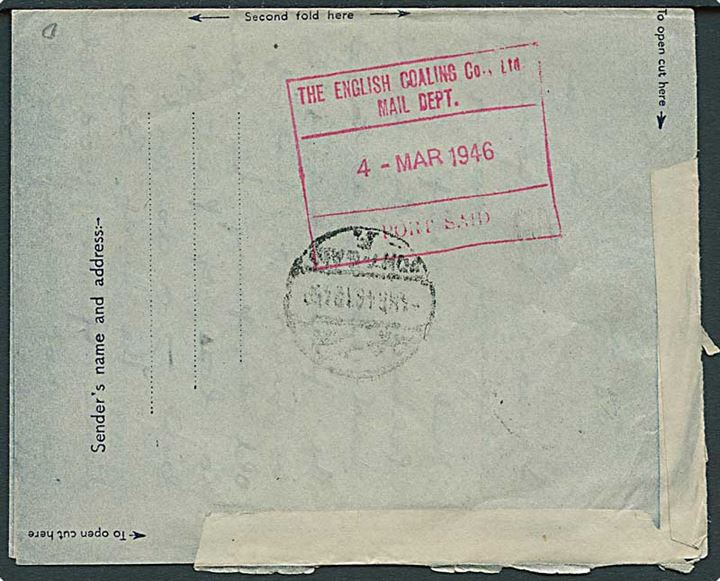 6d George VI air letter fra Shotlet Bridge d. 25.2.1946 til dansk sømand ombord på S/S Northern Traveller c/o The English Coaling Co. i Port Said, Egypten.