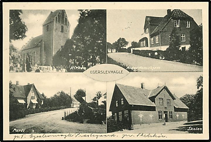 Eggerslevmagle med Kirke, Alderdomshjem, Skolen og gadeparti. H. Schmidt u/no. 