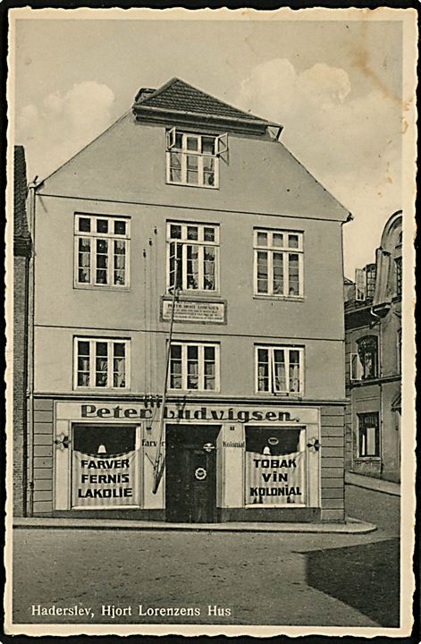 Haderslev, Hjort Lorenzen's hus med Peter Ludvigsen's kolonialhandel. R. Olsen no. 5167.