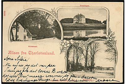 Charlottenlund, Hilsen fra med Eremitage slottet, Emilie kilde og Kildehuset. No. 20783.