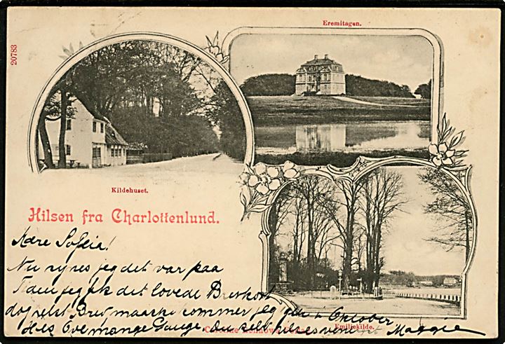 Charlottenlund, Hilsen fra med Eremitage slottet, Emilie kilde og Kildehuset. No. 20783.