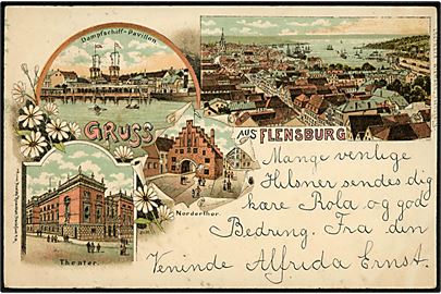 Tyskland, Flensburg, Gruss aus med prospekter. Rosenblatt / E. Weimann u/no.