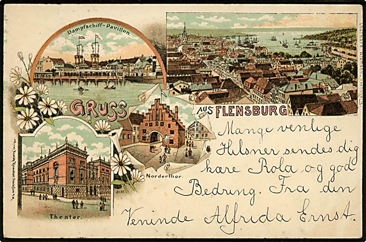 Tyskland, Flensburg, Gruss aus med prospekter. Rosenblatt / E. Weimann u/no.