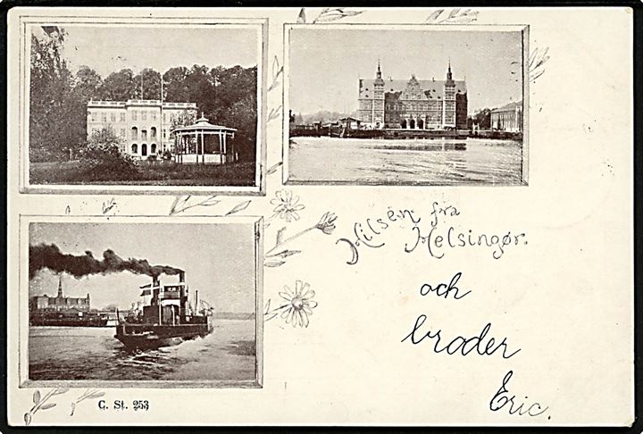 Helsingør, Hilsen fra, med Marienlyst, jernbanefærge og station. Stenders no. 253.