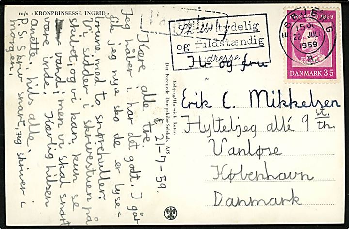 Kronprinsesse Ingrid, M/S, DFDS Englandsbåd. Reklamekort u/no. Frankeret med 35 øre Fr. IX 60 år annulleret Esbjerg d. 22.7.1959 og Paquebot til København.