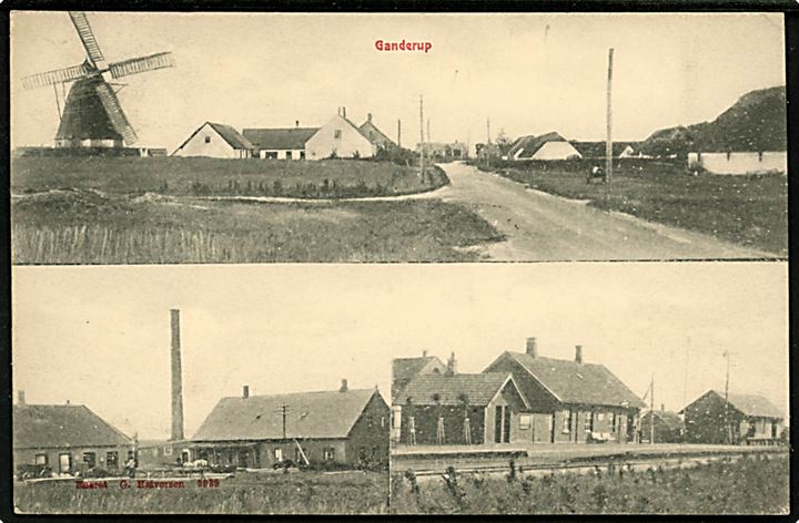 Ganderup, partier med jernbanestation og mølle. G. Halvorsen no. 3939. Frankeret med 5 øre Chr. IX med stjernestempel GANDERUP og sidestemplet bureau Aalborg - Sæby d. 19.1.1907.