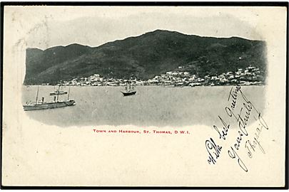 D.V.I., St. Thomas, Town and Harbour. Frankeret med 10 bit Fr. VIII fra St. Thomas d. 1.7.1909 til Korsør, Danmark.