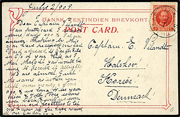 D.V.I., St. Thomas, Town and Harbour. Frankeret med 10 bit Fr. VIII fra St. Thomas d. 1.7.1909 til Korsør, Danmark.