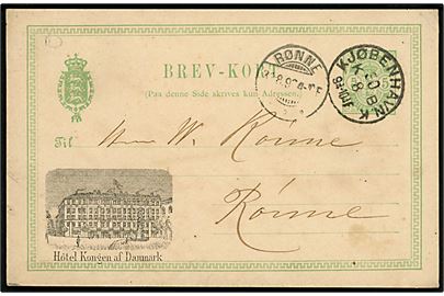 5 øre Våben små hj.tal helsagsbrevkort med tiltryk Hôtel Kongen af Danmark fra Kjøbenhavn KB d. 30.8.1890 til Rønne. Nålehul.