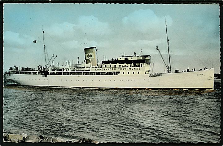 Dania, M/S, Hans Lehmann Lübecker Stauereikontor AG på ruten Travemünde - København. Tidl. M/S Frem, Dampskibsselskabet paa Bornholm af 1866 på rute fra København til Rønne.