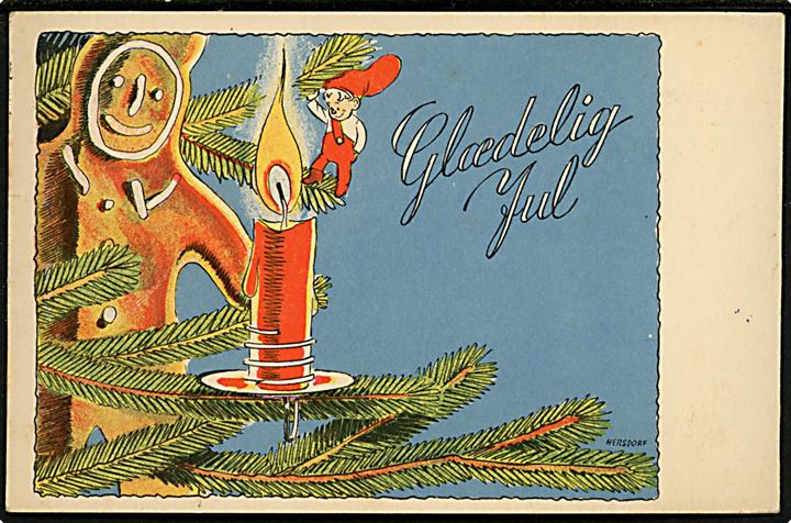 Børge Hersdorf: Nisse og Kagemand med julelys. No. 1606.