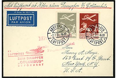 25 øre (falmet) og 50 øre Luftpost på luftportbrev mærket Mit Luftpost ab Köln zum Dampfer S/S Columbus annulleret København Luftpost sn1 d. 2.7.1931 til New York. Rødt luftpost stempel Mit Luftpost befördert Hamburg-Fuhlsbüttel Flughafen og Mit Luftpost zum Dampfer Columbus befördert.