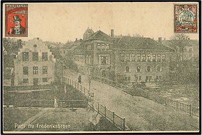 Odense. Reklamekort for H. Nielsens Cigar og Tobaksfabrik. Set fra Frederiksbroen.  