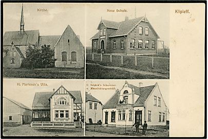 Kliplev, partier med kirke, nye skole, H. Martesen's villa og U. Schenk's manufakturhandel. A. Juul u/no.