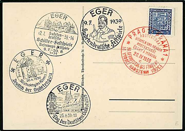 Adolf Hitler modtager blomster. Frankeret med tjekkisk 5 h. annulleret med særstempel i Prag d. 20.4.1939.