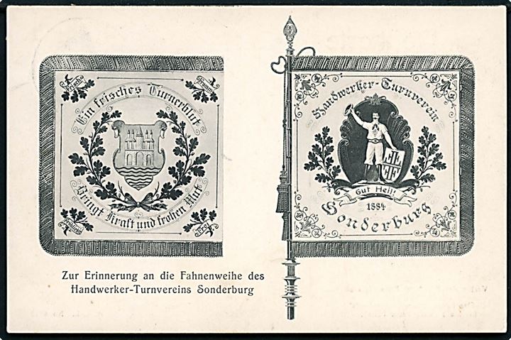 Sønderborg, faner Handwerker-Turnvereins Sonderburg. Reklame for Mündener Fahnenfabrik. A.K.L. no. 6119.