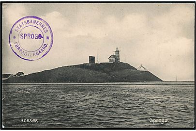 Sprogø med fyrtårn. N. Zachariassen no. 9698. Frankeret med 5 øre Fr. VIII annulleret Korsør d. 31.7.1910 til Korsør. På billedsiden stemplet: Statsbanernes / Sprogø / * Forpagtergaard *