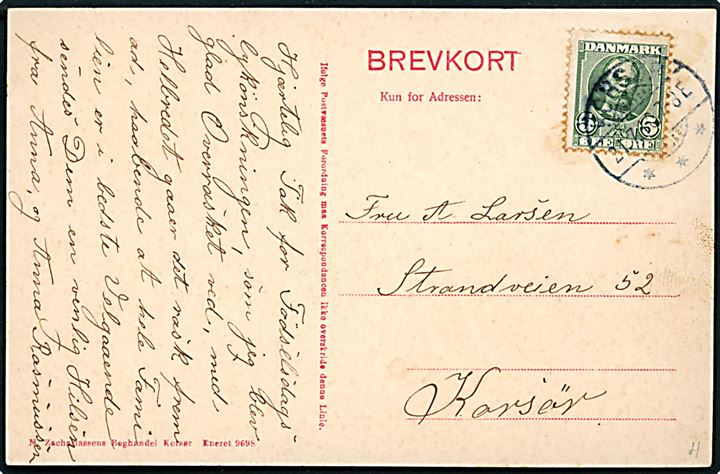 Sprogø med fyrtårn. N. Zachariassen no. 9698. Frankeret med 5 øre Fr. VIII annulleret Korsør d. 31.7.1910 til Korsør. På billedsiden stemplet: Statsbanernes / Sprogø / * Forpagtergaard *