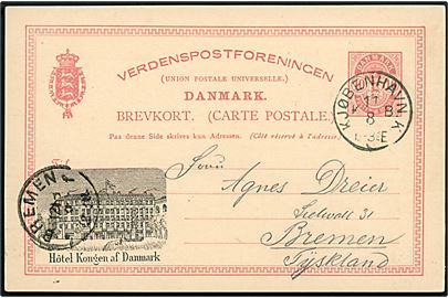 10 øre Våben helsagsbrevkort med tiltryk Hôtel Kongen af Danmark fra Kjøbenhavn d. 17.8.1891 til Bremen, Tyskland.