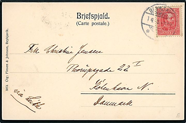 Islenzkur bóndabær. Finsen & Johnson no. 5974. Frankeret med 10 aur Chr. IX fra Reykjavik d. 14.5.190? via Leith til København, Danmark.