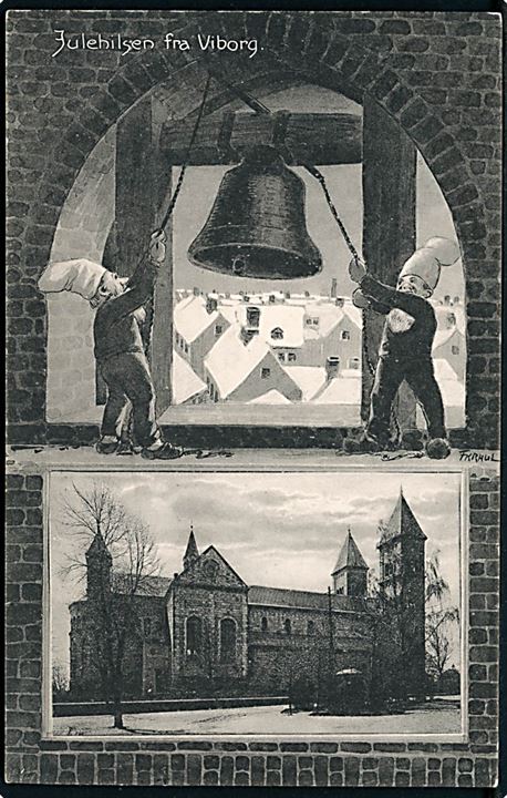 Fritz Kraul: Julehilsen med nisser i klokketårn og prospekt af Viborg Domkirke. Stenders no. 26854.